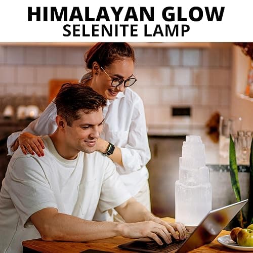 Himalayan Glow Selenite Crystal Lamp 20cm, Hand Curved Morocco |Skyscraper| Crystals and Healing Stones,(ETL Certified) with Wooden Base & USB Charging Cable For Healing Cleansing & Meditation thumbnail 2