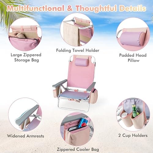 Giantex Folding Beach Chair, Patio Sling Chairs with 5 Adjustable Position, Head Pillow, Storage Bag, Towel Bar, Cup Holders, Backpack Chairs for Sunbathing, Camping Chair thumbnail 4