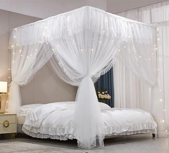 HUOQOU Baldaquin Princesse avec Volants Ciel de Lit Rectangulaire à 4 Ouvertures Moustiquaire Double Couche pour Chambre de Fille Décoration Romantique Doux et Respirant (Blanc,1,35W x 2l x 2,1H(m)) - Image 1