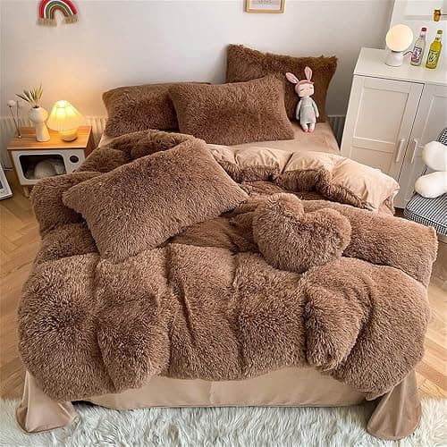 chovy Faux Fur Plush Coffee Comforter Sets Queen - Ultra Soft Shaggy Flannel Velvet Fluffy Fuzzy 3PC Bedding Set (Comforter x 1 Pillowcases x 2) - Image 1