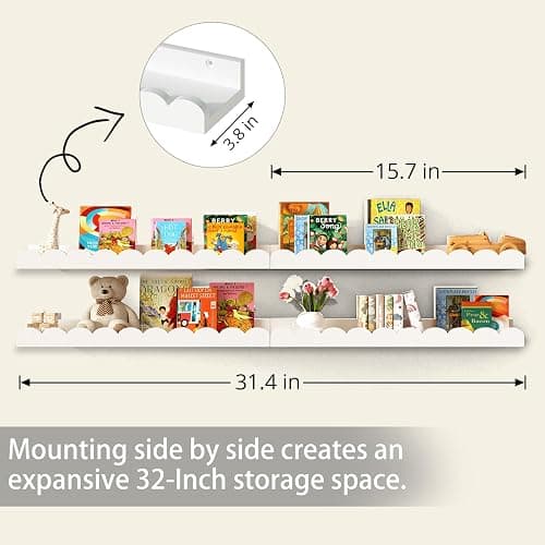 MZJZBN Nursery Floating Wall Bookshelves for Kids Room, 4-Pack White Scalloped Shelves, Toddler Room Book Storage, Baby Room Wall Decor thumbnail 2