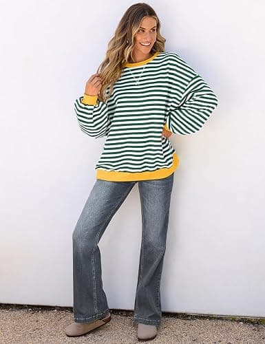 UEU Women Oversized Striped Crewneck Sweatshirt Long Sleeve Color Block Pullover Tops Casual Loose Workout Shirt thumbnail 4