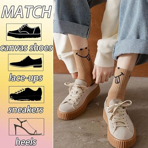 5 Pairs Cute Women Fun Smile Face Ankle Sock Knitted White Novelty Comfy Cotton Girl Dress Funny Crew Sock Aesthetic… thumbnail 2