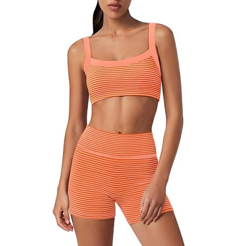 Womens Gym Sets 2 Piece Striped Padded Sports Bra Tops High Waist Biker Shorts Tracksuits Set Seamless Yoga Outfits Casual Running Workout Activewear thumbnail 2