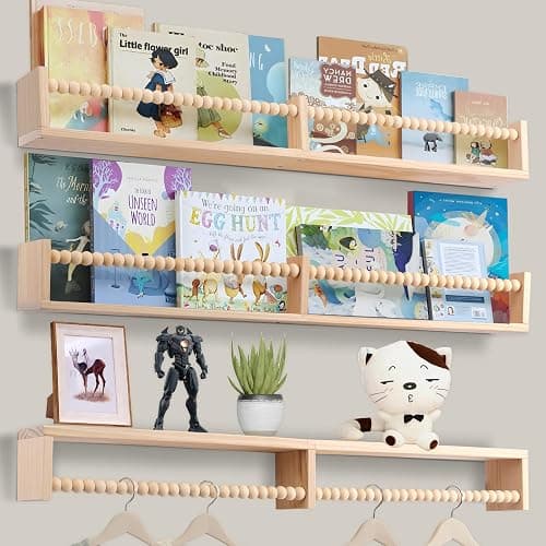 birola Nursery Book Shelves for Kids Rooms - 32 Inches Floating Wall Bookshelves Set of 3, Space-Saving Nursery Shelves with Beads Design for Kids Room, Bedroom and Study Room(Natural) thumbnail 2