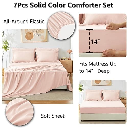 CozyLux Queen Comforter Set Blush Pink, 7 Pieces Bed in a Bag Queen Comforter Set with Sheets, Bedding Sets with Down Alternative Comforter, Fitted Sheets, Flat Sheets, Pillow Shams and Pillowcases thumbnail 5