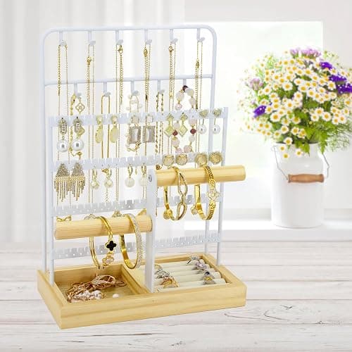 JONKASIPA Jewelry Holder Organizer Stand 4-Tier Necklace Stand Earring Holder with Wooden Tray, Jewelry Rack for Bracelets Watches and Rings Display Stand, Gifts for Women & Girls-White thumbnail 2