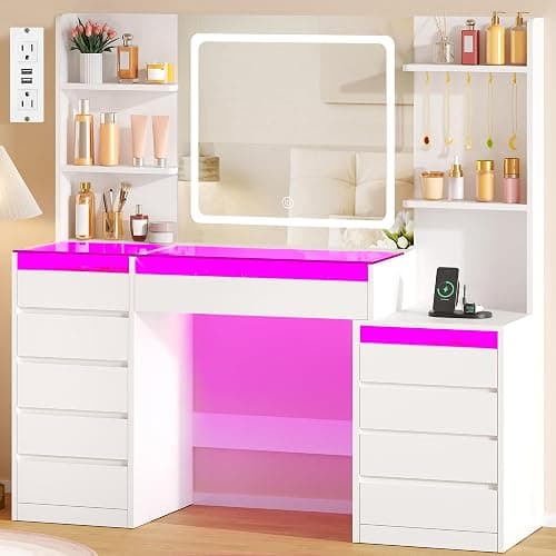 BEWISHOME 49.2" Vanity with Mirror and RGB Lights,Full-View Glass Desktop | White Makeup Vanity Table with 10 RGB Drawers,4 Shelves 5 Hooks and Power Outlet,Dressing Table for Girls Women Bedroom - Image 1