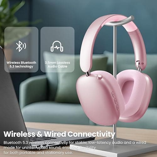 Wentronic Y01 Wireless Noise Canceling Headphones Bluetooth 5.3 Over Ear Headphones with Microphone, Hi-Res Audio, 48H Playtime, Foldable Comfortable Earpads,Compatible with iOS,Android,PC, Pink thumbnail 6