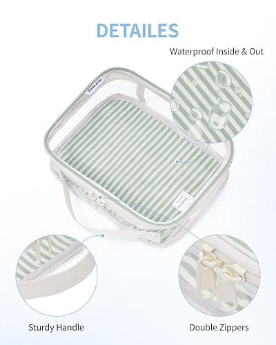 Narwey TSA Approved Clear Toiletry Bag for Travel, Waterproof PVC Clear Makeup Bags, Portable Compact Cosmetic Bag Make Up Organizer, Airport Airline Quart Size Compliant Bag (Mint Green Stripe) thumbnail 6