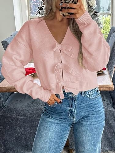 Saodimallsu Womens Bow Sweater Cropped V Neck Long Sleeve Fall Cozy Knit Loose Trendy Pullover Sweaters thumbnail 2