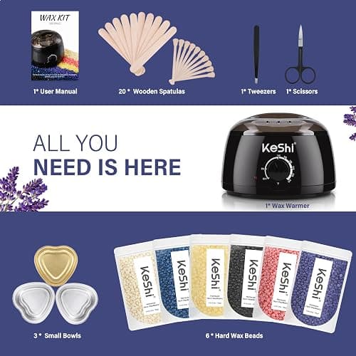 KeShi Waxing Kit, Painless Hair Removal Wax Warmer with 6 Bags Hard Wax Beans for Full Body, Legs, Face, Eyebrows & Bikini— Ideal for Both Women & Men thumbnail 3