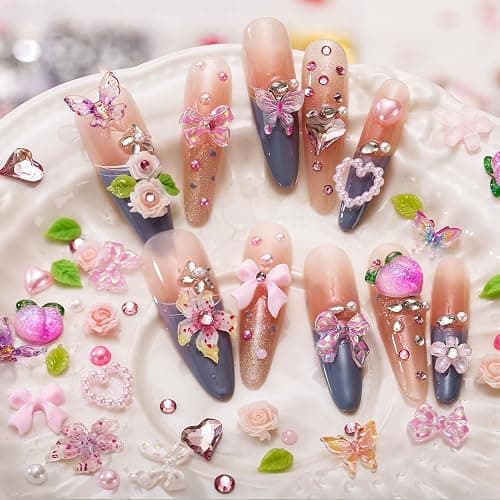 28 Grids Nail Charms Kit with Rhinestones for Nails, 3D Kawaii Bows, Cherry, Flowers, Butterfly. Red Pink Gold Nail Gems, Pearls & Metal Studs. DIY Manicure Art Supplies with Wax Pen & Tweezers thumbnail 4