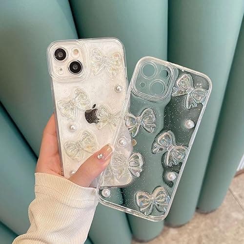 Ownest Compatible with iPhone 12 Case with Clear Cute 3D Bowknots and Pearl Aesthetic Patterns for Women Teen Girls, Glitter Sparkle Back and Full Lens Protection Protective Phone Case Cover + Chain thumbnail 5