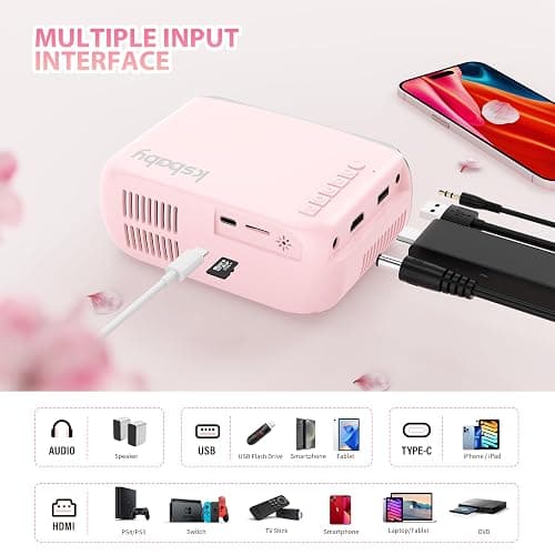 Portable Projector, ksbaby Outdoor Projector, LED Aesthetic Video Mini Projector for Outdoor Portable Movies Compatible with HDMI, USB, Laptop, TV Stick, iOS and Android Phone thumbnail 2