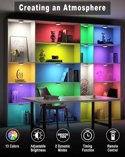 HELPLEX LED Puck Lights with Remote, 6 Pack Color Changing RGBW Stick-On Light, Battery Powered, Dimmable Under Cabinet Lighting with Timer & Memory, Wireless Push Lights for Kitchen & Closet thumbnail 6