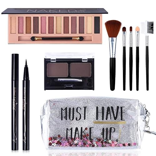 All in One Makeup Kit,12 Colors Nude Shimmer Eyeshadow Palette, Waterproof Black Eyeliner Pencil, Duo Pressed Eyebrow Powder Kit, 5 Brushes With Quicksand Cosmetic Bag Gift Set - Image 1
