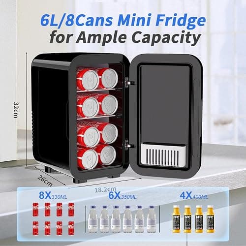 YASHE Mini Fridge, 6 Liter/8 Can 220-240V AC/DC Portable Thermoelectric Cooler Refrigerators for Bedroom, Skincare, Beverage, Office, Dorm Room and Car, Black thumbnail 2