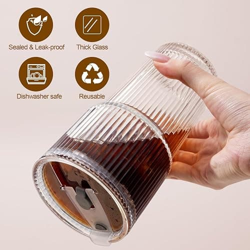 LUXULISH 20Oz Ribbed Glass Tumblers with Lids and Straws, Vintage Glass Cups Thickened Drinking Glasses Set of 4, Ideal for Iced Coffee, Smoothies, Cocktails, Matcha and Juices thumbnail 6