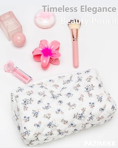 PAZIMIIK Vintage Quilted Makeup Bag Cosmetic Pouch for Brushes Pencils and Travel Make Up Accessories for Women and Girls Gauze Hyacinth thumbnail 5