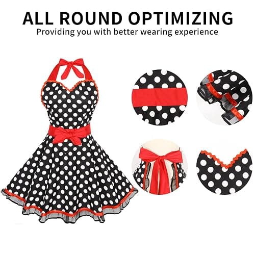 Violet Mist Lovely Retro Cute Aprons for Women Black Red Lace Polka Dot Vintage Aprons for Girls Ladies Ruffle Frilly Christmas Apron Kawaii 50s Maid Kitchen Aprons for Cooking Baking Mothers Gift thumbnail 7