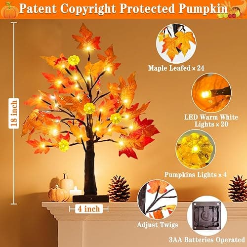 TURNMEON Fall Decor 2 Pack 18 Inch Prelit Fall Maple Tree 48 LEDs Timer | Halloween Fall Decorations for Home Battery Operated Pumpkin Lights Lighted Thanksgiving Decor Table Mantle Indoor Outdoor thumbnail 2