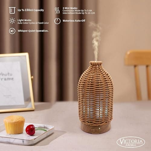 VICTORIA AROMA Essential Oil Diffuser - Multifunction Aromatherapy Diffuser 7 LED Color Changing Light 100ML Rattan Diffuser Easy to Clean Suitable for Home,Office (Tan) thumbnail 4