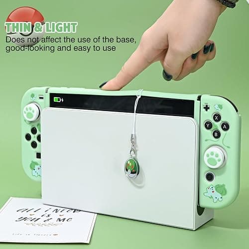 DLseego Funda Protectora Compatible con Switch OLED,Carcasa Delgada Suave al Tacto con 2 Tapas de Agarre para el Pulgar y Abalorio de Bolas de Elfo,Absorción de Golpes Antiarañazos,Rana Verde thumbnail 5