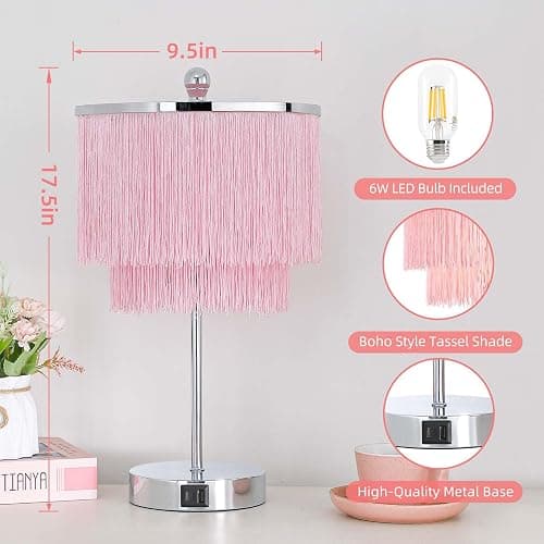 Lovlast Pink Lamp for Girls Room, Fringe Touch Table Lamp for Teens Room | Girly Tassel Lamp with 3-Way Dimmable for Nightstand, Bedside Touch Lamp with USB C+A Ports for Dorm, Dresser, Bulb Included thumbnail 4