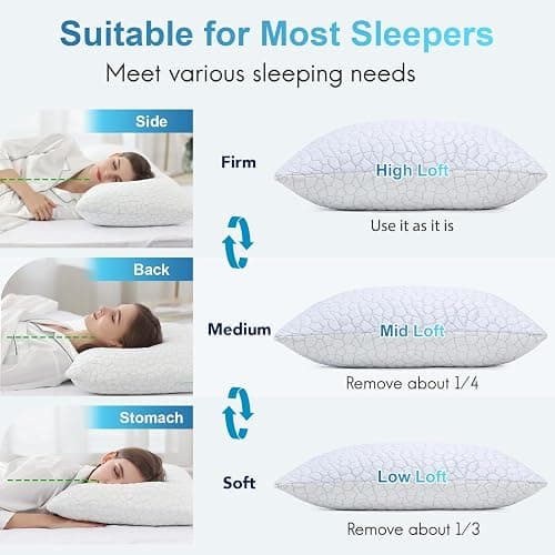 QUTOOL Cooling Pillows King Size Set of 2, Shredded Memory Foam Pillows 2 Pack CertiPUR-US, Firm Yet Soft Adjustable Pillow for Side, Back, Stomach Sleepers Supportive, Hot Sleeper Solution Home Gifts thumbnail 4