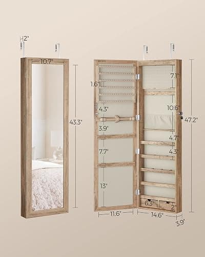 SONGMICS 6 LEDs Mirror Jewelry Cabinet, 47.2-Inch Tall Lockable Wall or Door Mounted Jewelry Armoire Organizer with Mirror, 2 Drawers, Christmas Gift, 3.9 x 14.6 x 47.2 Inches, Toasted Oak Color thumbnail 3