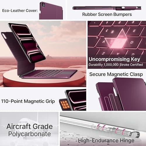 typecase Keyboard Case for iPad Pro 13-inch (M5 2025 / M4 2024), Magic Keyboard with 11 Colors Backlight, Keyboard Case with Pencil Holder, Multi-Touch Trackpad, Easy-Set Magnetic Stand, Raspberry thumbnail 4