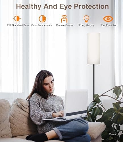 luckystyle Dimmable Floor Standing Tall Lamp, 12W Led Bulb with Lampshade, Foot Switch, Remote Custom Color Temperature Pole for Bedroom, Office, Kids & Living Room, Black thumbnail 6