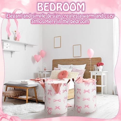 CroBlissful 2 Pcs Coquette Pink Bow Laundry Basket Coquette Storage Basket for Girls Nursery Hamper with Handles Foldable Waterproof Collapsible Storage Bin Organizer for College Dorms Bathroom (Bows) thumbnail 5