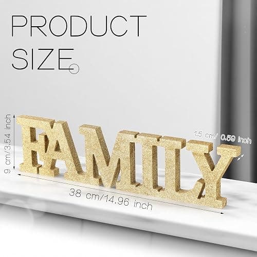 Wonderjune Wood Family Sign Home Wall Decor Rustic Table Sign, Glitter Gold | Wooden Family Letter Signs Room Decoration, for Pantry Kitchen Livingroom Bedroom Shelf Mantel Fireplace Tables Centerpiece thumbnail 3