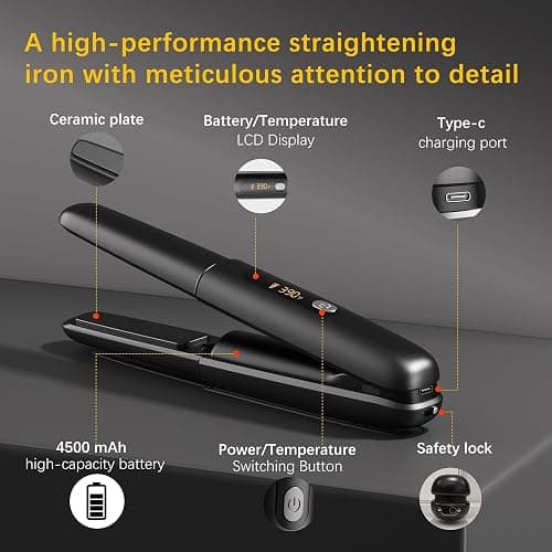 Cordless Hair Straightener Curler 2 in 1 Ceramic Flat Iron Mini Portable Fast Heating 30s 4500mAh Battery 4 Temp Adjustments LCD Display USB Rechargeable for Women Men with Pouch (Black) thumbnail 6