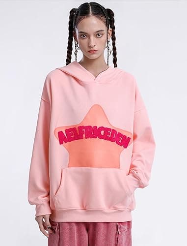 Aelfric Eden Womens Graphic Hoodies Pink Star Print Hoodie Unisex Oversized Hoodies Long Sleeve Pocket Pullover thumbnail 4