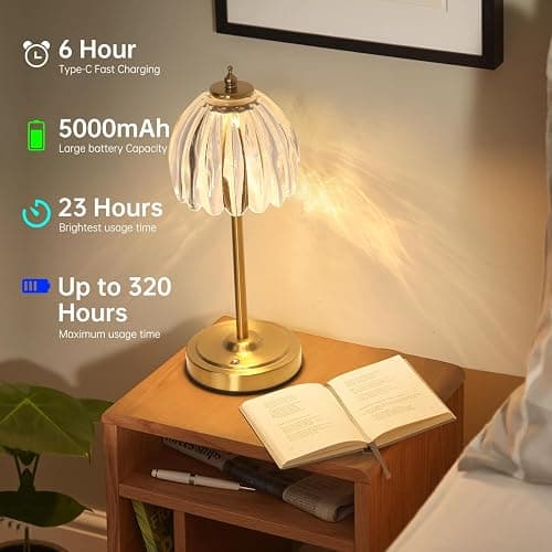 Shenmoyl Tulip Table Lamp with 5000mAh Battery & Touch Control, Cordless Small Table Lamp with 3 Colors, Dimmable Rechargeable Table Lamps for Living Room, Bedroom, Desk, Bedside (Transparent Tulip) thumbnail 6