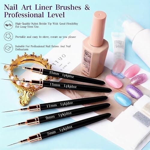5Pcs Nail Art Liner Brushes, Liner Brush for Nails Gel, Thin Nail Art Brush, Sizes 7/9/11/15/25 mm, 3Pcs Nail Art Clean Up Brushes for Nail Design Painting DIY and Clean Polish Mistake On The Cuticles thumbnail 7