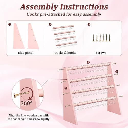 Bellaownia 4 Tier Bracelet Holder Stand with 100 Hooks, Wooden Bracelet Display Organizer Rack for Jewelry, Home, Vendors and Store Display (Pink) thumbnail 8