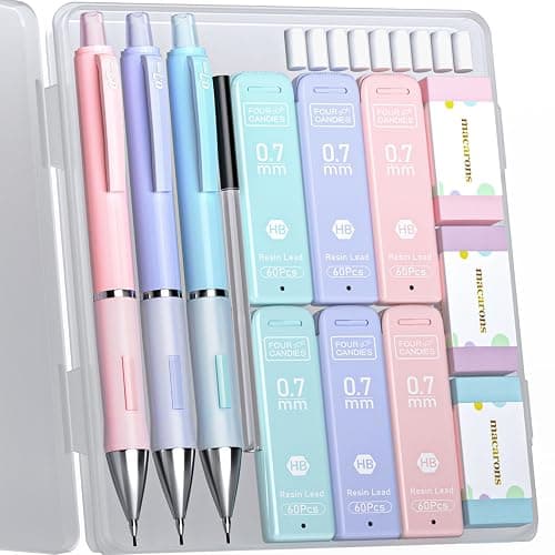 Four Candies Pastel Mechanical Pencil Set 0.7mm, with HB #2 Lead Refills, Cute Erasers & Eraser Refills, 13-Count Pack, Aesthetic School Supplies for Writing, Drawing and Sketching - Image 1