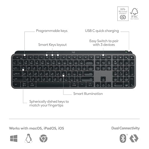 Logitech MX Keys S Wireless Keyboard, Low Profile, Fluid Precise Quiet Typing, Programmable Keys, Backlighting, Bluetooth, USB C Rechargeable, for Windows PC, Linux, Chrome, Mac - Graphite - MX Keys S - Graphite thumbnail 7
