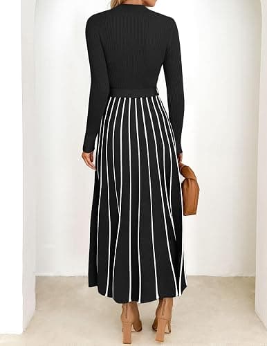ZESICA Womens 2025 Fall Turtleneck Long Sleeve Sweater Dress Tie Waist Casual Loose Ribbed Knit A Line Midi Dresses thumbnail 5
