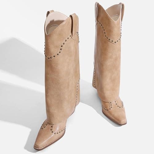 RONILURN Women Shark Boots Fold Over Mid Calf Chunky Heel Snip Toe Cowboy Cowgirl Pull On Studded Boots for Women thumbnail 5