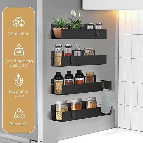 Cosy Family 4-Pack Strong Magnetic Metal Spice Rack Organizer for Refrigerator & Oven - Rustproof Black Fridge Shelves with Hooks for Kitchen Storage & Organization thumbnail 4