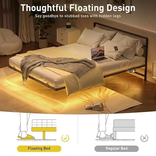 Full Floating Bed Frame with Headboard, Modern Platform Bed Frame with LED Lights and USB Charging Station, Sturdy Metal Bed Frame for Adults, No Box Spring Needed, Easy Assembly, Noise Free Design thumbnail 4