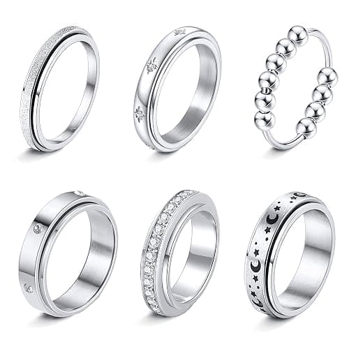 LOFITOR Fidget Rings for Anxiety 6pcs Stainless Steel Spinner Ring Anti Anxiety Ring Spinning Moon Star Cool Stress Relieveing CZ Rings for Women Men Band Rings Set - Image 1