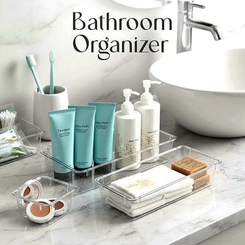 KICHLY Pack of 25 Clear 4 Sizes Makeup Drawer Organiser set, Acrylic Organization Plastic Storage Organiser tray for Bathroom, Vanity, Office Desk, kitchen, Bedroom thumbnail 3