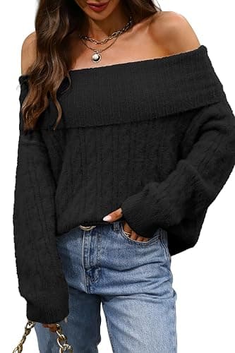 ELLEVEN Women’s Off Shoulder Cable Knit Sweater, Soft Oversized Pullover for Casual Fall Winter Outfits thumbnail 7