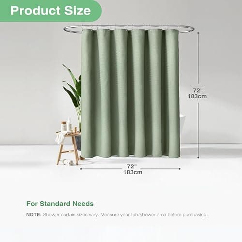 Dynamene Sage Green Shower Curtain - Waffle Textured Heavy Duty Thick Fabric Shower Curtains for Bathroom, 256GSM Luxury Weighted Polyester Cloth Bath Curtain Set with 12 Plastic Hooks，72Wx72H,Green thumbnail 3
